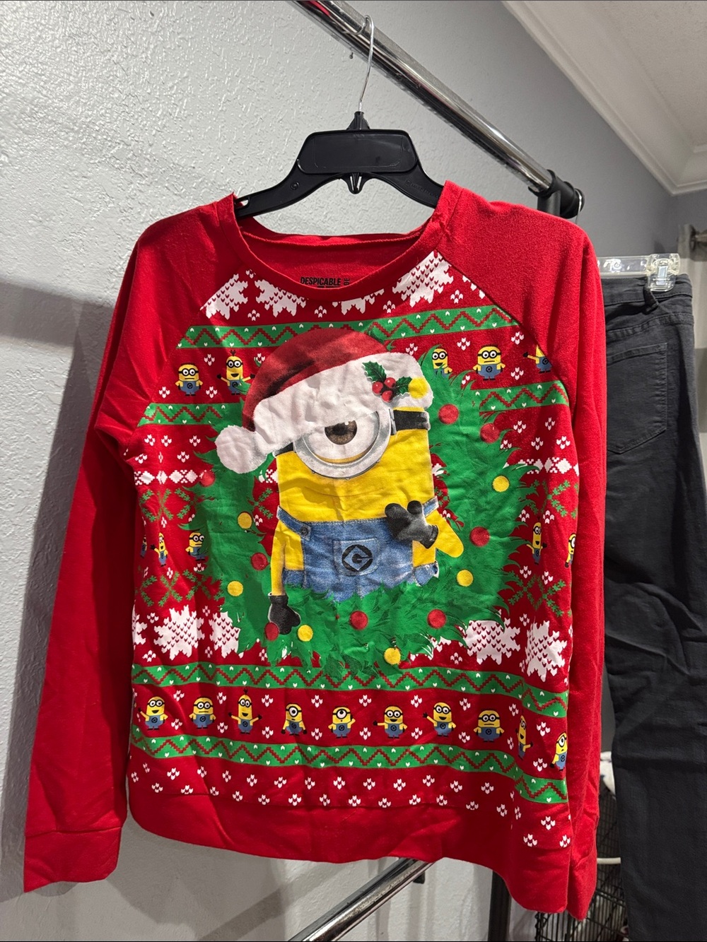 Universal Red Minion Holiday Sweatshirt with Green and Yellow Accents